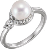 14K White Cultured White Freshwater Pearl & 1/8 CTW Natural Diamond Bypass Ring