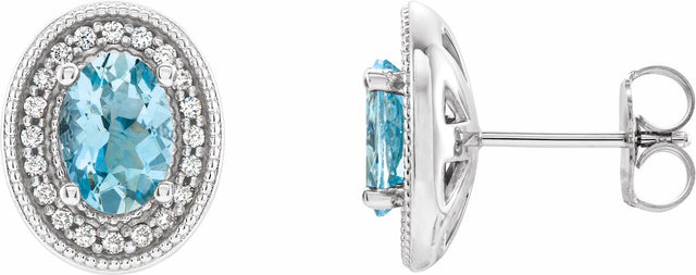 14K White 7x5 mm Natural Aquamarine 1/6 CTW Natural Diamond Halo-Style Earrings