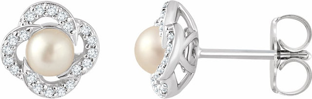 14K White Gold Cultured White Freshwater Pearl & 1/6 CTW Natural Diamond Earrings  