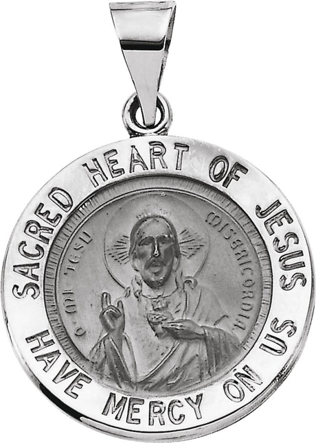 14K White 18 mm Round Hollow Sacred Heart of Jesus Medal  