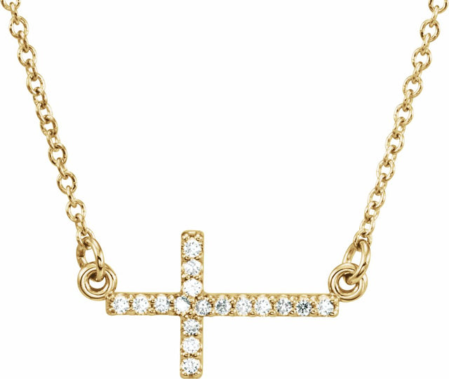 14K Yellow .07 CTW Natural Diamond Sideways Cross 16-18" Necklace