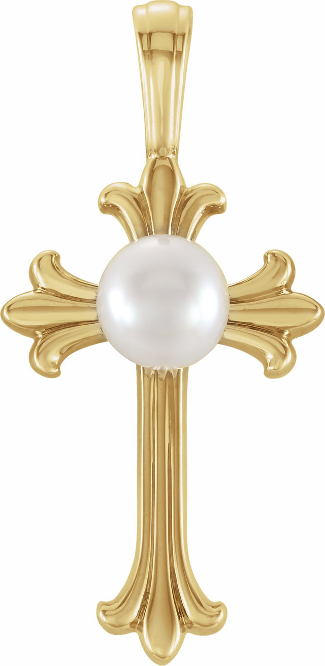 14K Yellow Cultured White Freshwater Pearl Cross Pendant