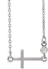 14K White Gold .03 CTW Natural Diamond Sideways Cross 16-18" Necklace