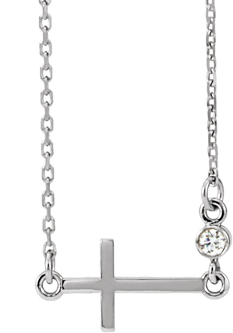 14K White Gold .03 CTW Natural Diamond Sideways Cross 16-18" Necklace
