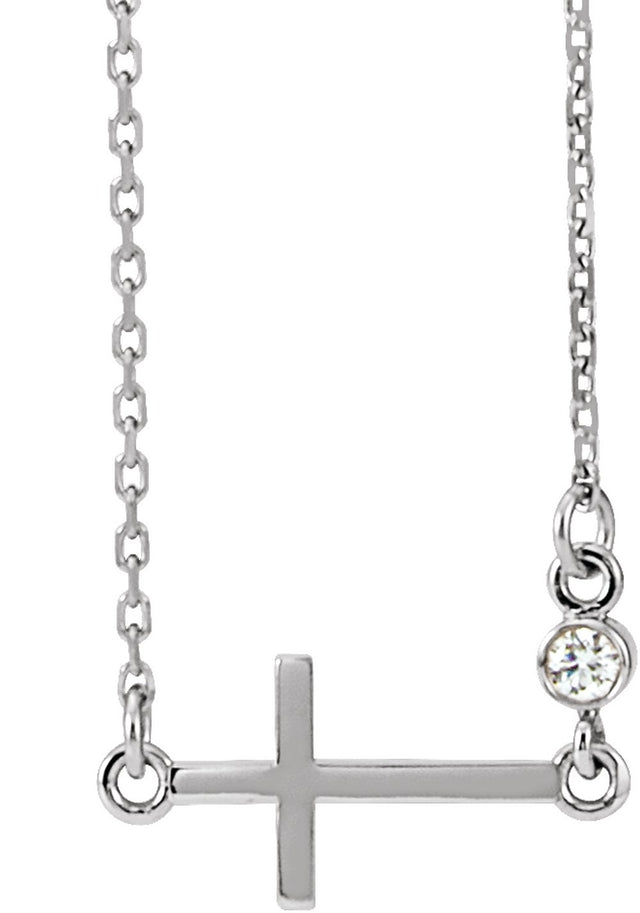 14K White Gold .03 CTW Natural Diamond Sideways Cross 16-18" Necklace
