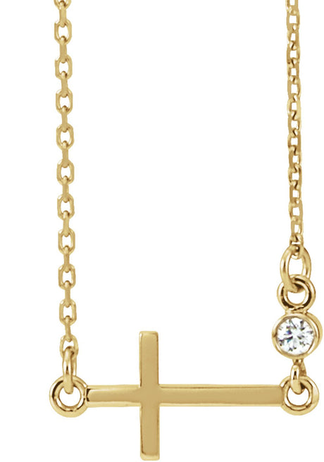 14K Yellow .03 CTW Natural Diamond Sideways Cross 16-18" Necklace