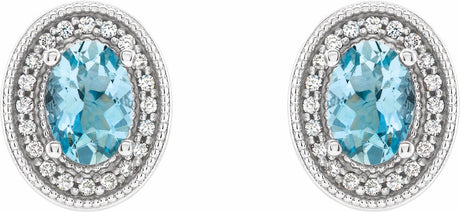 14K White 7x5 mm Natural Aquamarine 1/6 CTW Natural Diamond Halo-Style Earrings