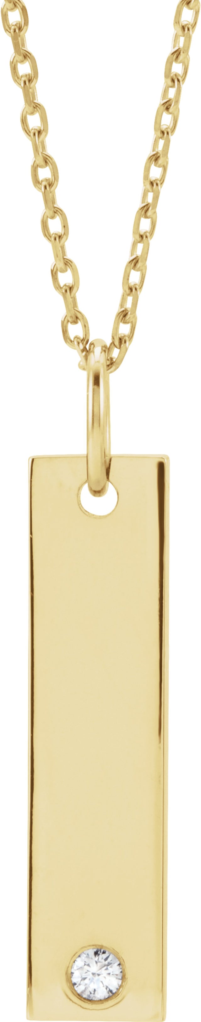 14K Yellow Gold .03 CT Natural Diamond Engravable Bar 16-18" Necklace