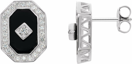 Sterling Silver Natural Black Onyx & Imitation White Cubic Zirconia Halo-Style Earrings