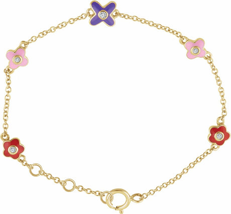 10K Yellow Gold .04 CTW Natural Diamond Youth Flower 5-7" Bracelet  