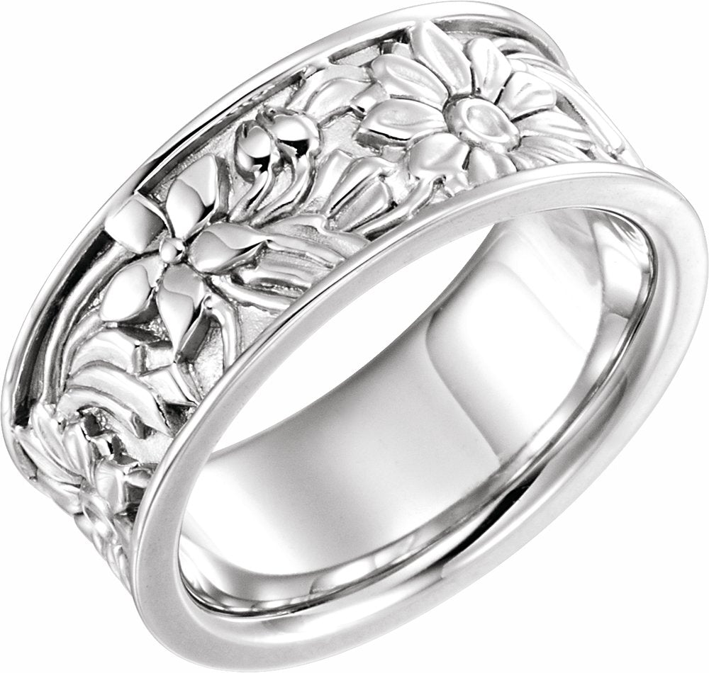 Sterling Silver 8.25 mm Floral Flat Band Size 6