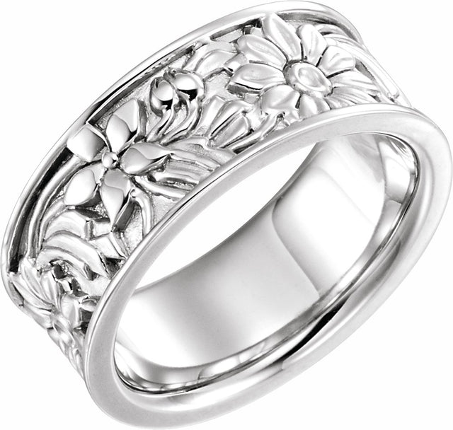 Sterling Silver 8.25 mm Floral Flat Band Size 6