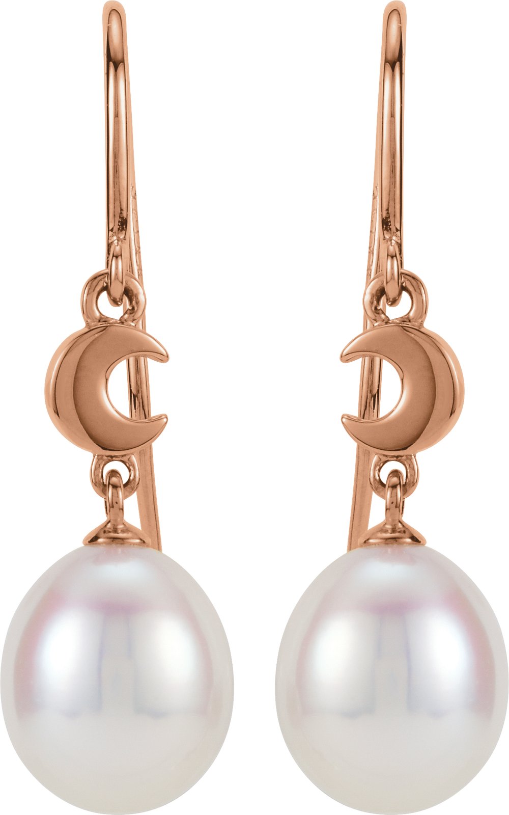 14K Rose Cultured White Freshwater Pearl Crescent Moon Earrings
