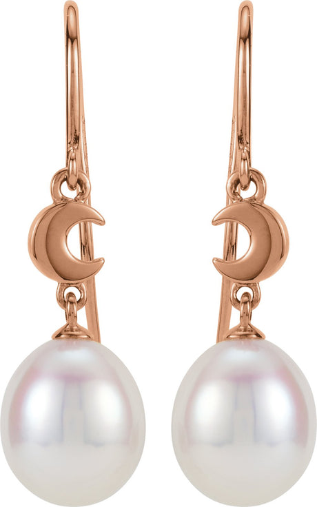 14K Rose Cultured White Freshwater Pearl Crescent Moon Earrings