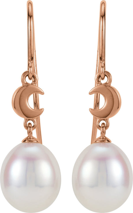 14K Rose Cultured White Freshwater Pearl Crescent Moon Earrings