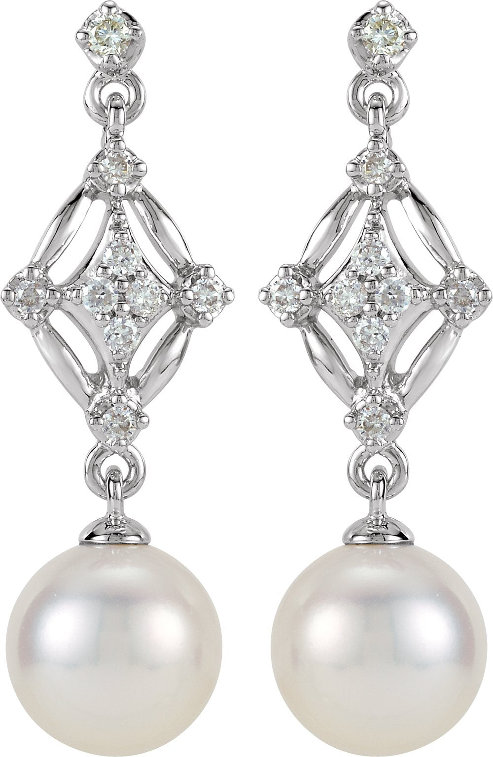 14K White Cultured White Freshwater Pearl & 1/6 CTW Natural Diamond Earrings