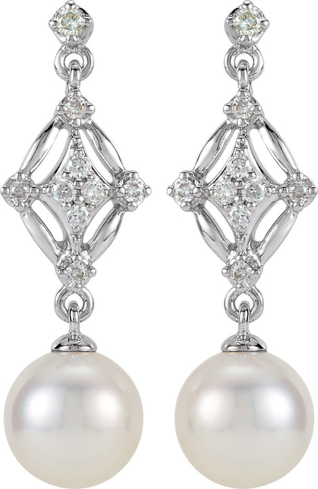 14K White Cultured White Freshwater Pearl & 1/6 CTW Natural Diamond Earrings