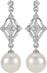 14K White Cultured White Freshwater Pearl & 1/6 CTW Natural Diamond Earrings