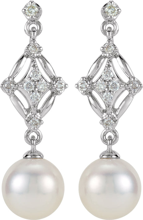 14K White Gold Cultured White Freshwater Pearl & 1/6 CTW Natural Diamond Earrings