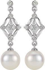 14K White Gold Cultured White Freshwater Pearl & 1/6 CTW Natural Diamond Earrings