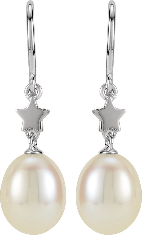 14K White Gold Cultured White Freshwater Pearl Star Earrings