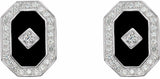 Sterling Silver Natural Black Onyx & Imitation White Cubic Zirconia Halo-Style Earrings