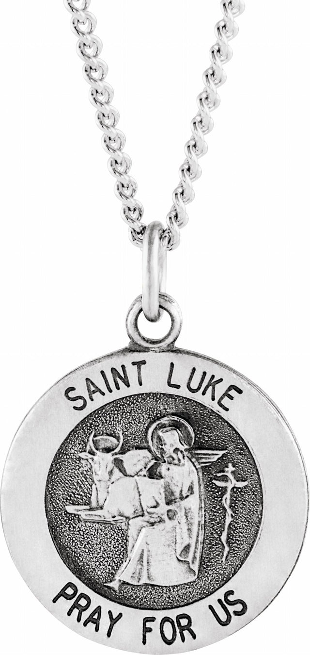 Sterling Silver 15 mm Round St. Luke Medal 18" Necklace