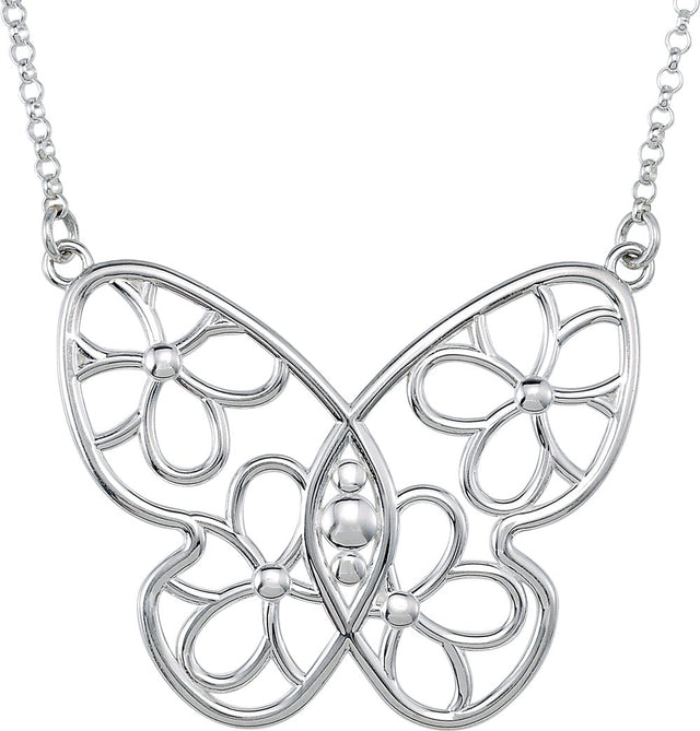 Sterling Silver Butterfly & Floral 15.5" Necklace   