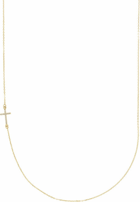 14K Yellow Gold .04 CTW Natural Diamond Off-Center Sideways Cross 16" Necklace  