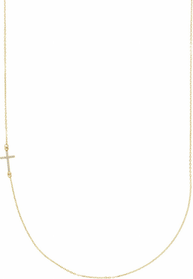 14K Yellow Gold .04 CTW Natural Diamond Off-Center Sideways Cross 16" Necklace  