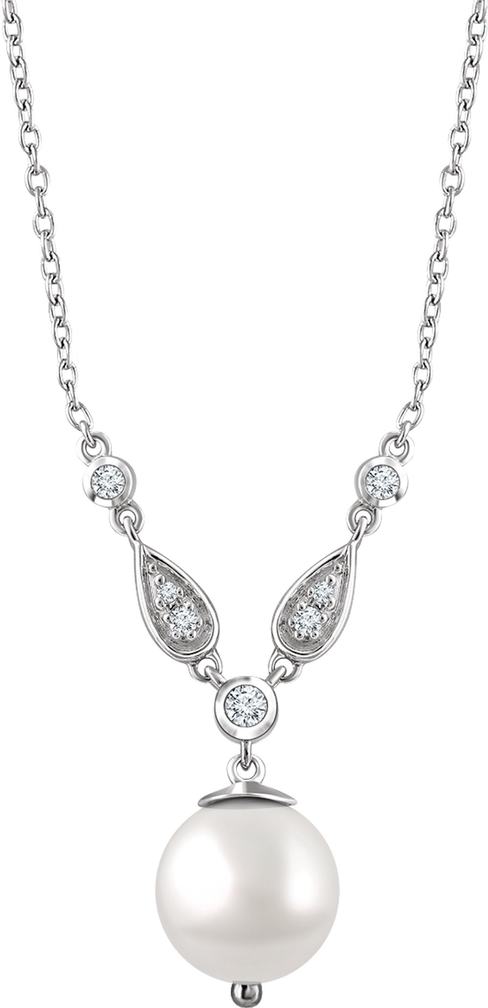 14K White Gold Cultured White Freshwater Pearl & 1/6 CTW Natural Diamond 16-18" Necklace