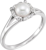 14K White Cultured White Freshwater Pearl & .05 CTW Natural Diamond Ring