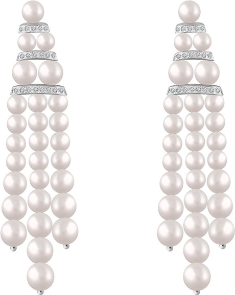 14K White Gold Cultured White Freshwater Pearl & 1/4 CTW Natural Diamond Earrings  