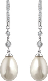 14K White Cultured White Freshwater Pearl & 1/6 CTW Natural Diamond Earrings