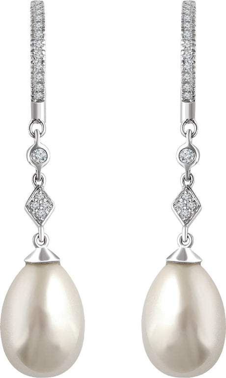 14K White Cultured White Freshwater Pearl & 1/6 CTW Natural Diamond Earrings