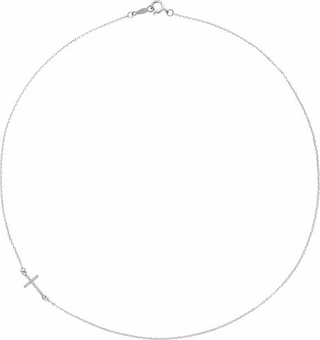 14K White Gold .04 CTW Natural Diamond Off-Center Sideways Cross 16" Necklace  
