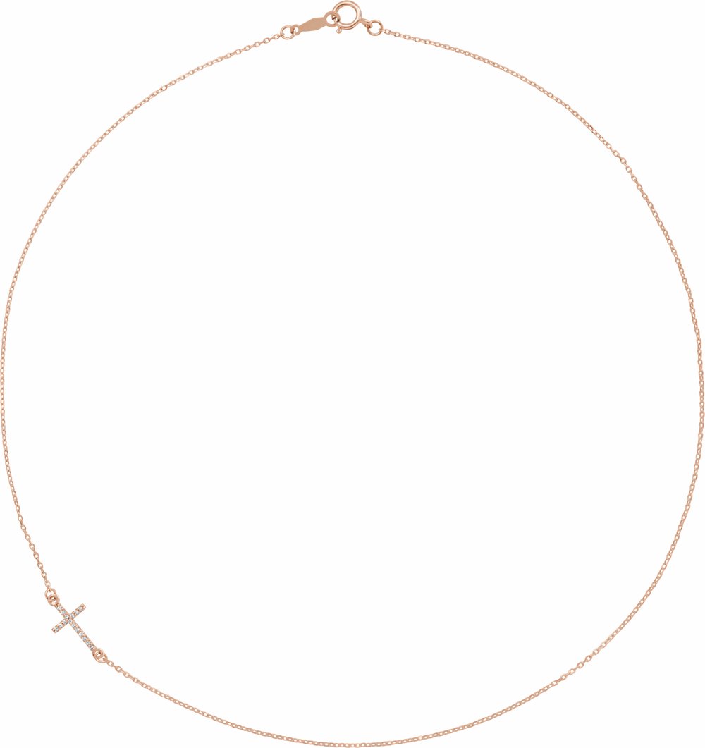 14K Rose Gold .04 CTW Natural Diamond Off-Center Sideways Cross 16" Necklace  