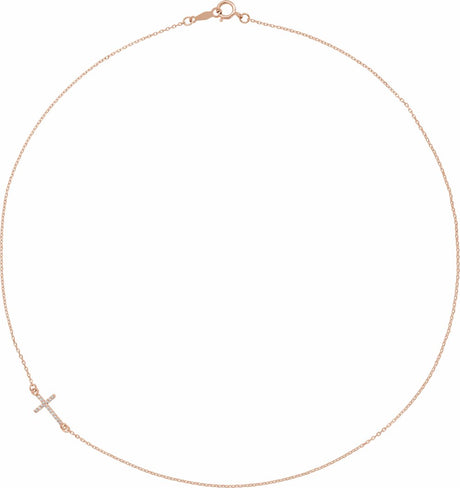 14K Rose Gold .04 CTW Natural Diamond Off-Center Sideways Cross 16" Necklace  