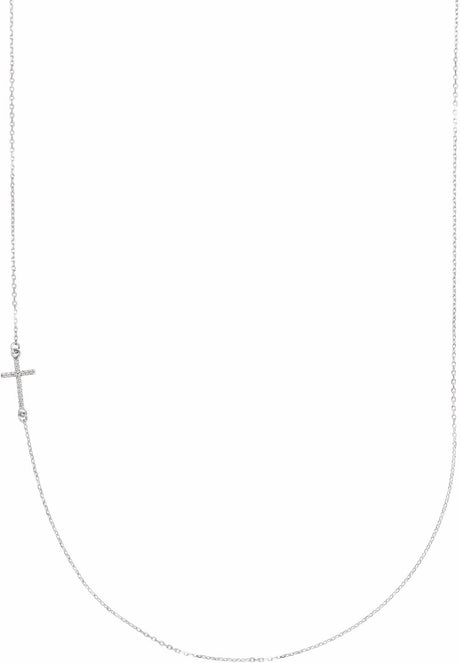 14K White Gold .04 CTW Natural Diamond Off-Center Sideways Cross 16" Necklace  