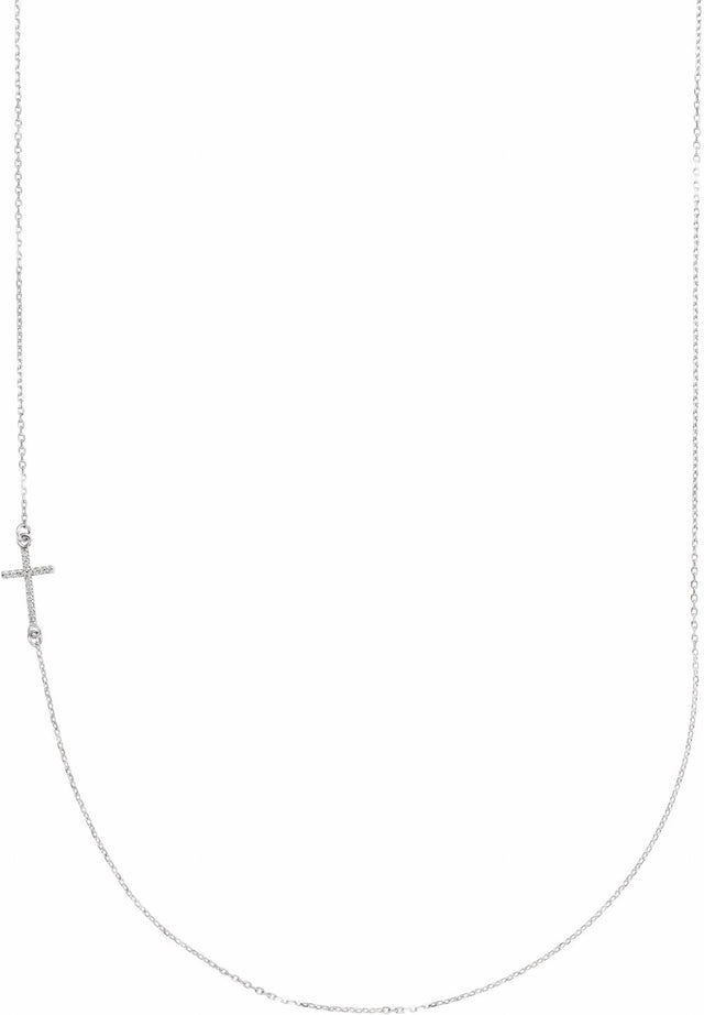 14K White Gold .04 CTW Natural Diamond Off-Center Sideways Cross 16" Necklace  