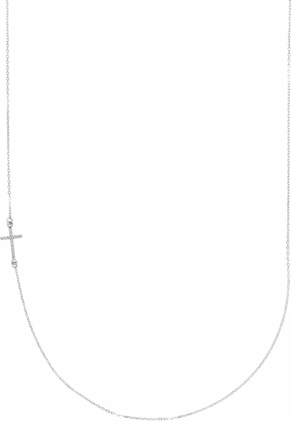 14K White .04 CTW Natural Diamond Off-Center Sideways Cross 16" Necklace  