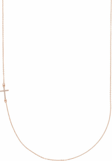 14K Rose .04 CTW Natural Diamond Off-Center Sideways Cross 16" Necklace  