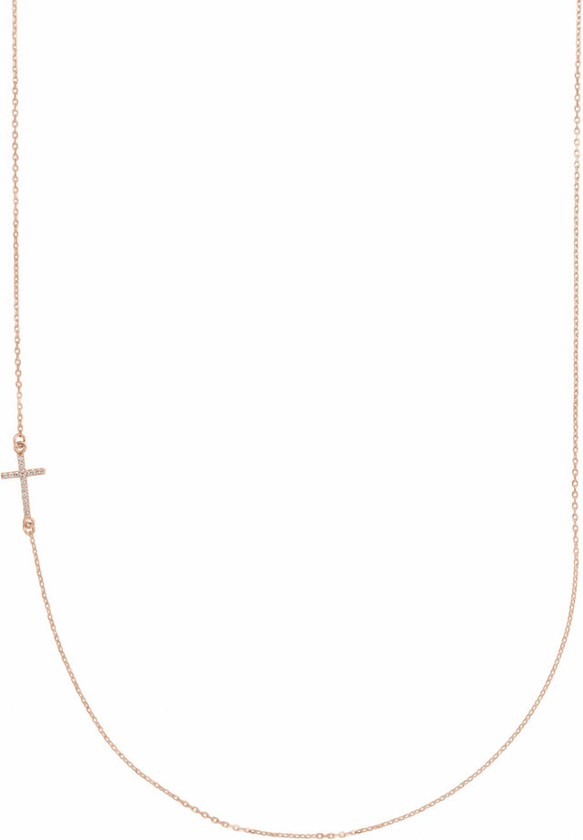 14K Rose .04 CTW Natural Diamond Off-Center Sideways Cross 16" Necklace  