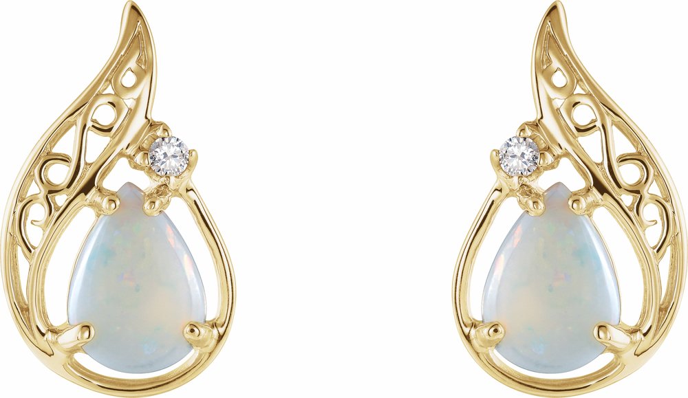 14K Yellow Natural White Opal & .03 CTW Natural Diamond Earrings