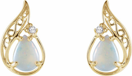 14K Yellow Natural White Opal & .03 CTW Natural Diamond Earrings