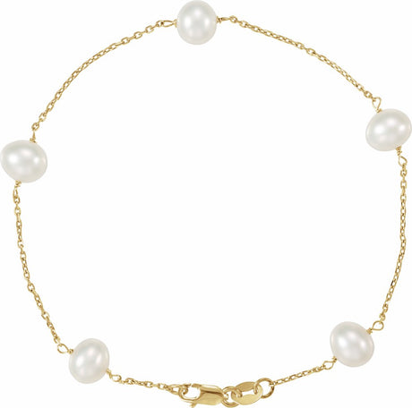 14K Yellow Gold Cultured White Freshwater Pearl 5-Station 7" Bracelet