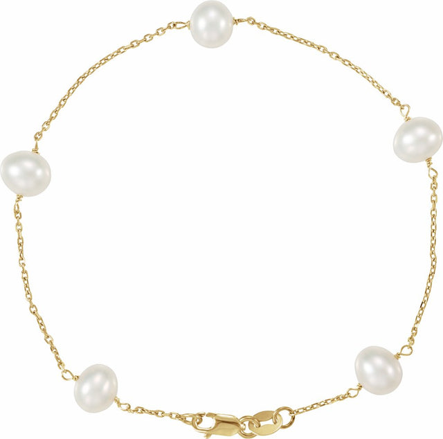 14K Yellow Gold Cultured White Freshwater Pearl 5-Station 7" Bracelet
