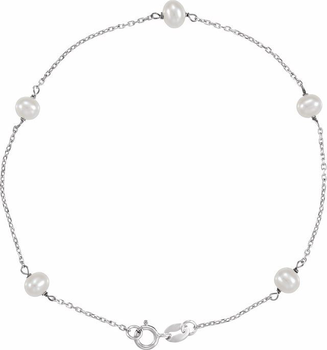 14K White Gold Cultured White Freshwater Pearl 5-Station 7" Bracelet  