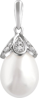 14K White Gold Cultured White Freshwater Pearl & 1/8 CTW Natural Diamond Pendant  