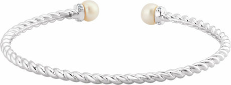 14K White Cultured White Freshwater Pearl & 1/10 CTW Natural Diamond Cuff 7" Bracelet